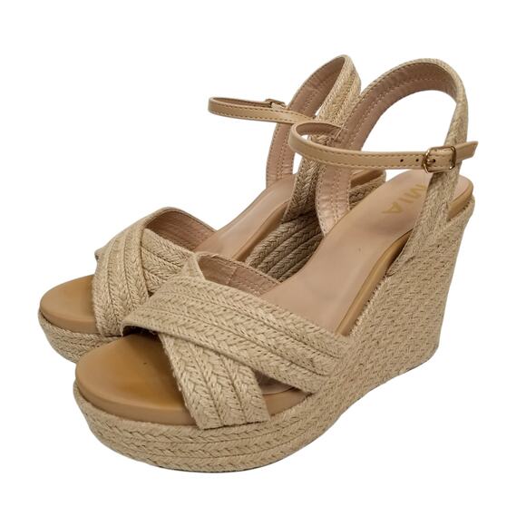 MIA Alouette Women's Criss Cross Espadrilles Wedge Heel Platform Sandals Tan 8 - Picture 1 of 7